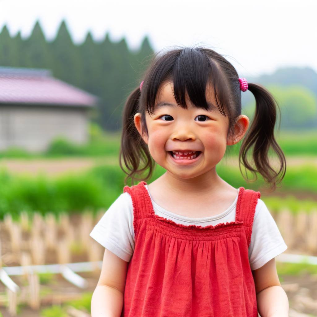 ４歳くらいの田舎の子日本人のツインテール白いTシャツに赤いシンプルなワンピースもっと可愛い笑顔